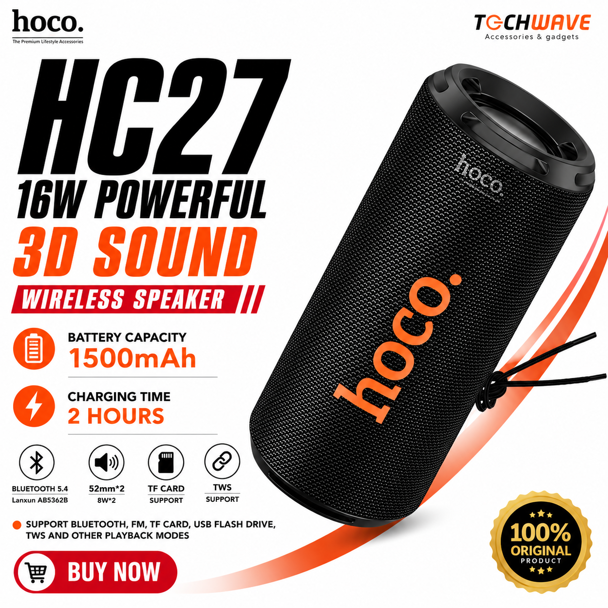 hc27 cover Hoco HC27 16W Powerful 3D Sound Wireless Speaker - Image 1